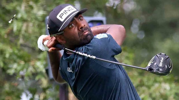 Sahith Theegala is pictured during the 2023 FedEx St. Jude Championship at TPC Southwind in Memphis, Tenn.